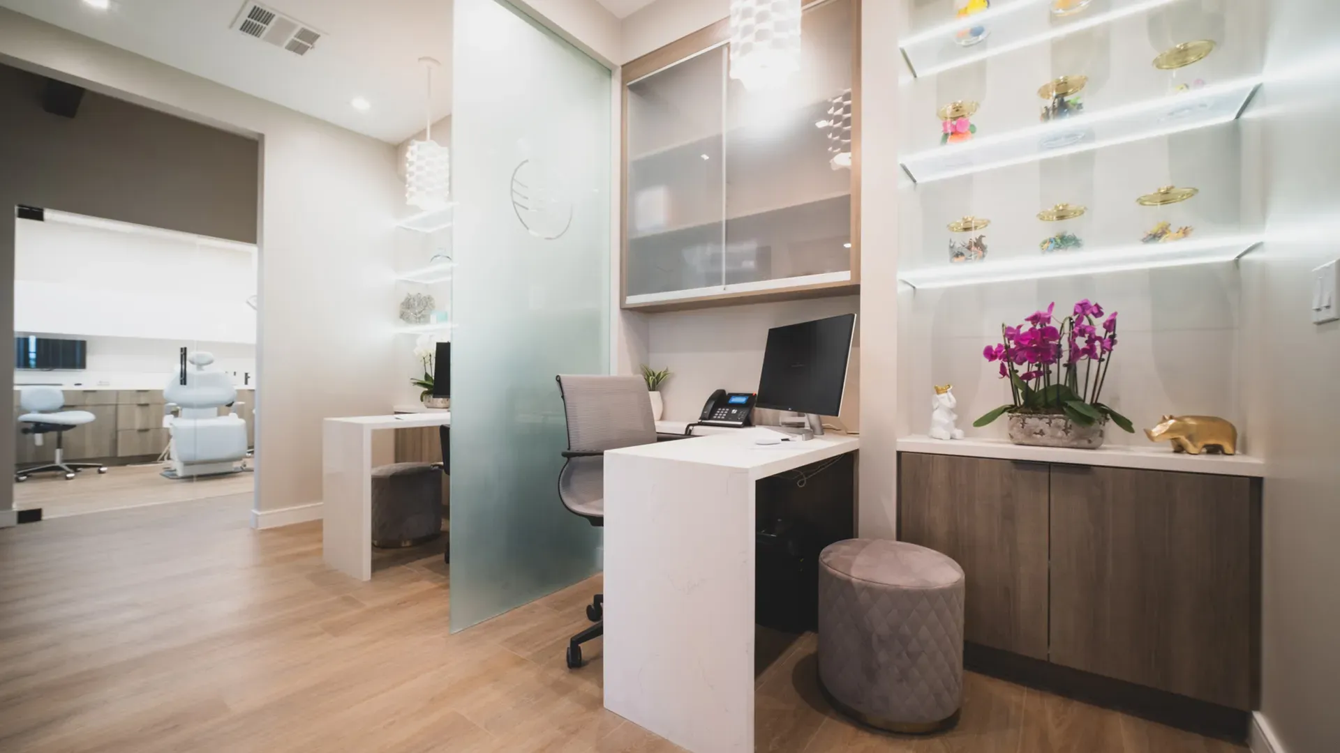 A quiet workspace with orchids on glass shelves