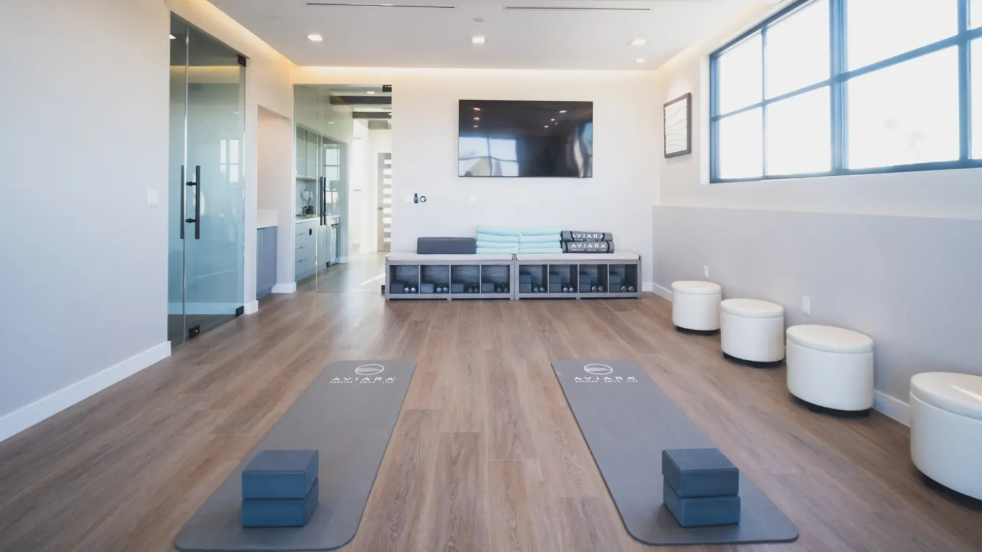 The movement studio, looking toward the terrace doors